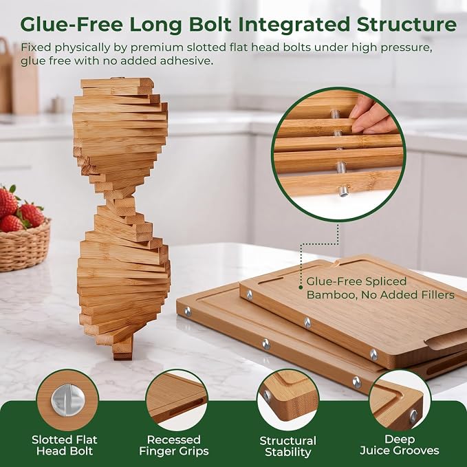 Formaldehyde Free, Glue Free, Bamboo Pure Titanium Cutting Board Set | 6 Usable Sides, Juice Grooves, Non-Slip & Scratch Resistant, Knife-Friendly, Dishwasher Safe, Warp Resistant, Kitchen Gifts