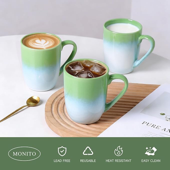 MONITO 17oz Ceramic Coffee Mugs Set of 6, Green Gradient Mugs with Handle | Mugs with Gold Rim for Latte,Tea&Cocoa,Dishwasher&Microwave Safe,Reactive Glaze Cups,Ideal Gift for Office and Home Use