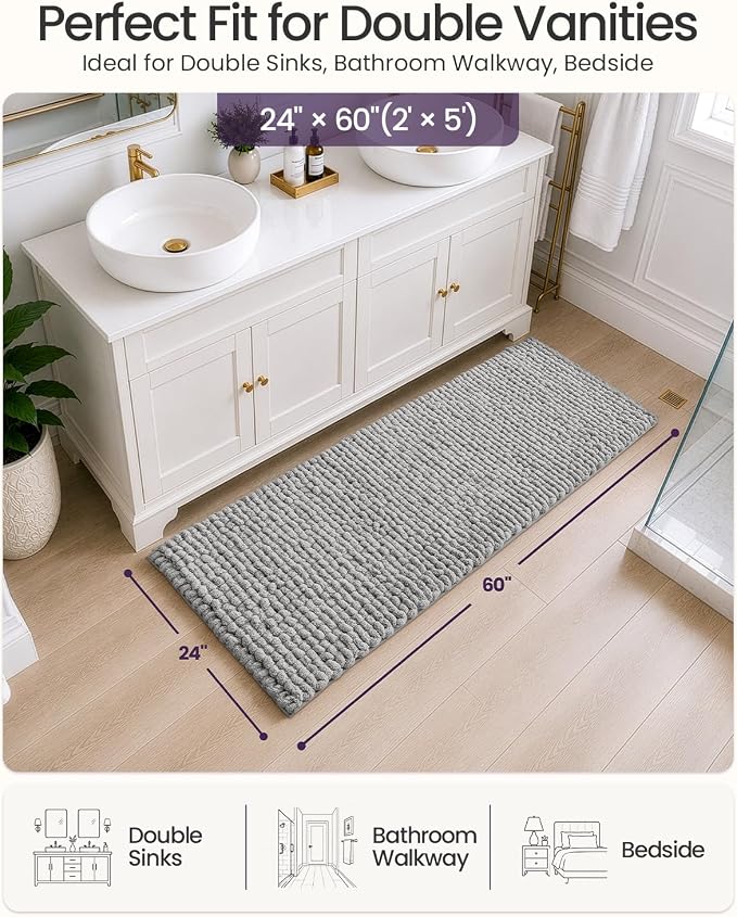 DEXI Bathroom Runner Rugs 60x24, Non Slip Washable Long Bath Mat, Luxury Chenille Super Absorbent Ultra Thick Bathmats for Shower Floor, Plush Fluffy Shaggy Carpet for Tub, Light Grey