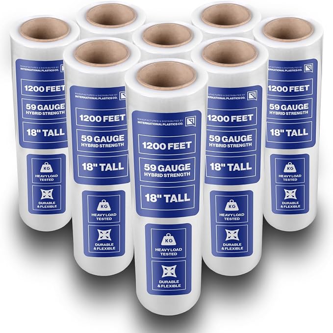 International Plastics Co. 18" Plastic Stretch Film/Wrap 1200ft 500% Stretch Clear Cling Durable Adhering Packing Moving Packaging Heavy Duty Shrink (18" - 17" Styles, 8 Pack)