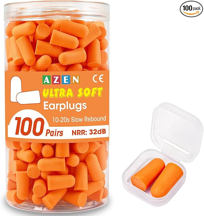 AZEN 100 Pairs Ear Plugs Bulk, NRR 32dB Soft Foam Ear Plugs for Sleeping Noise Cancelling, Earplugs for Concerts Shooting Swimming Noise Reduction (Orange)