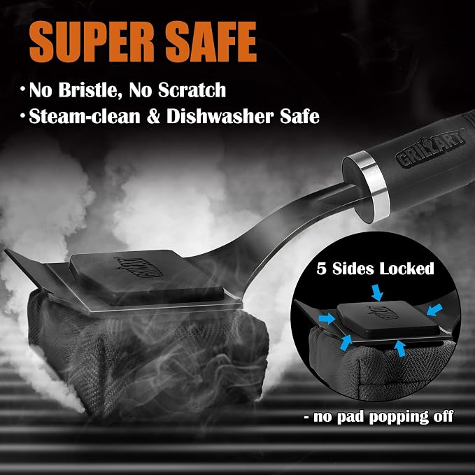 GRILLART Grill Brush Bristle Free - Safe 17" Long Handle with Built-In Solid Scraper - Steam Clean Stubborn Grease Replaceable Head - Reinforced BBQ Accessories for All Grate Types - Gifts for Men Dad