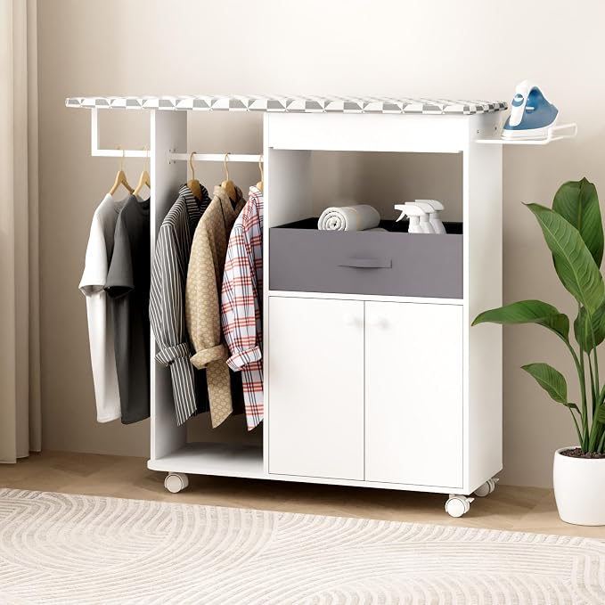 Rolling Ironing Board with Storage Cabinet, Wooden Ironing Board Cabinet with Drawer, Compact Space-Saving Ironing Table with Iron Rest Rack for Laundry Room, Living Room (One Size, Geometric)