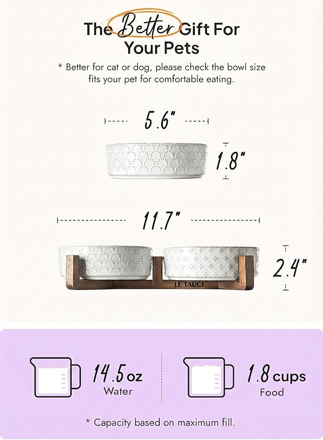LE TAUCI Dog Bowl Set with Acacia Wood Stand - 1.5-Cup Ceramic Puppy Bowls for Small Dogs, Dual Food and Water Bowls with Weighted Non-Slip Base