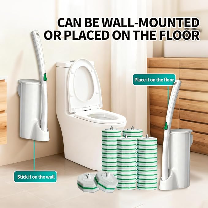 Disposable Toilet Brush, Toilet Bowl Cleaning System with 48 Count Wand Refill, Clean Brush Starter Kit with 1 Toilet Wand, 1 Storage Caddy and 1 wall Sticker (White)
