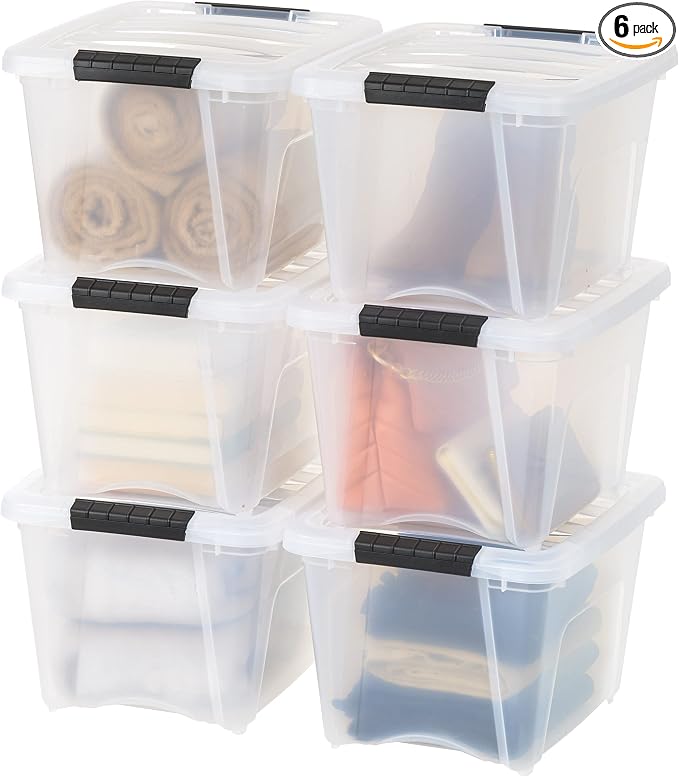IRIS USA 19 QT Plastic Storage Box with Lid and Latches - 6 Pack - BPA-Free, See-Through Organizing Solution, Durable Nestable Stackable Containers, Secure Pull Handle - Clear