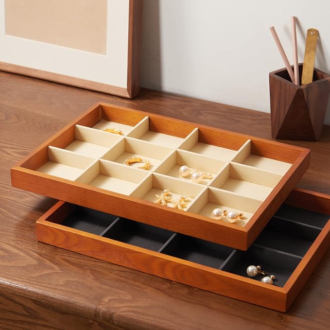 Oirlv 12 Grids Wood Jewelry Organizer Tray Stackable Jewelry Drawer Tray Bracelet/Watch Showcase Display Storage(Creamy-white)