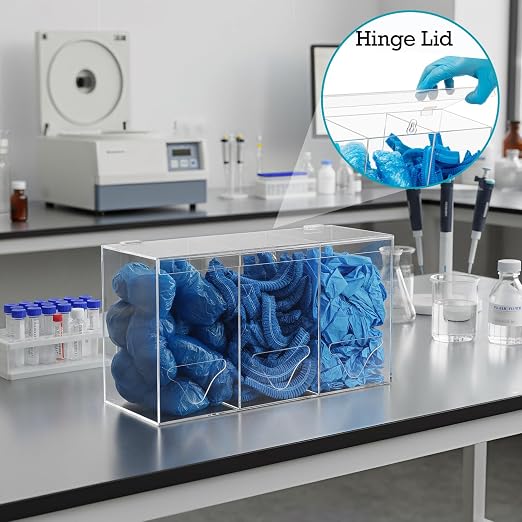 Hairnet Dispenser and Glove Holder Wall Mount - 3 Compartments Acrylic Hygiene Dispenser Station with Lid for Shoe Covers, Safety Glasses, Earplugs, Beard Nets, Dishwasher Pods, Clear