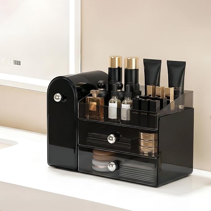 lurcns Makeup Organizer with Dustproof Brush Holder for Vanity, Large Cosmetics Organizer and Bathroom Countertop Skincare Storage with 2 Clear Drawers for Lipstick, Perfume, Eyeshadow Palettes,Black