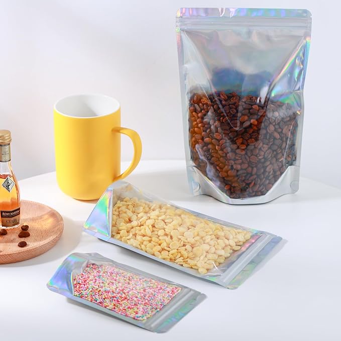 150 Pcs Mylar Bags for Food Storage, 4x6 Mylar Bag with Window Stand Up, Small Holographic Resealable Bags Smell Proof Bag Food Packaging for Small Business Freeze Dried Candy Jewelry Foil Packaging