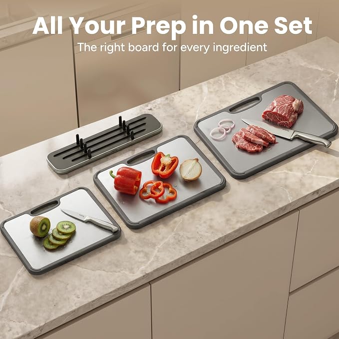 SMIRLY Titanium Cutting Board for Kitchen, with Holder, 3 Pack, Silver | Food-grade Titanium Surface with a Non-porous, Double-sided Design for Easy Cleaning and Hygienic Food Prep