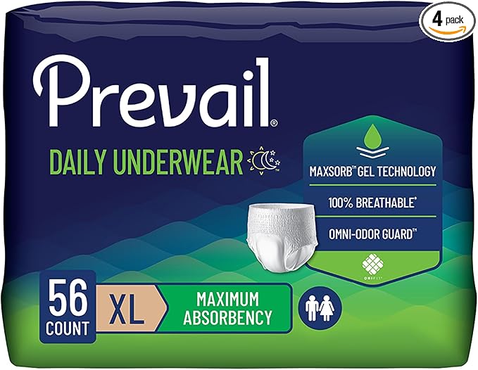 Prevail Daily Unisex Underwear Maximum Disposable Incontinence Underwear Pull On with Tear Away Seams, XL, 56 Count