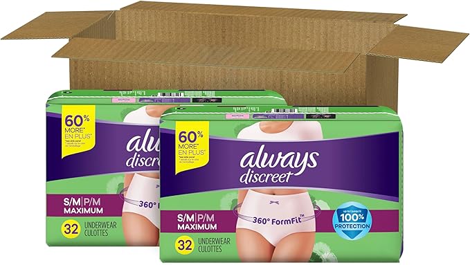 Always Discreet Adult Incontinence & Postpartum Underwear For Women, Size Small/Medium, Maximum Absorbency, Disposable, 32 Count x 2 Packs (64 Count total) (Packaging May Vary)