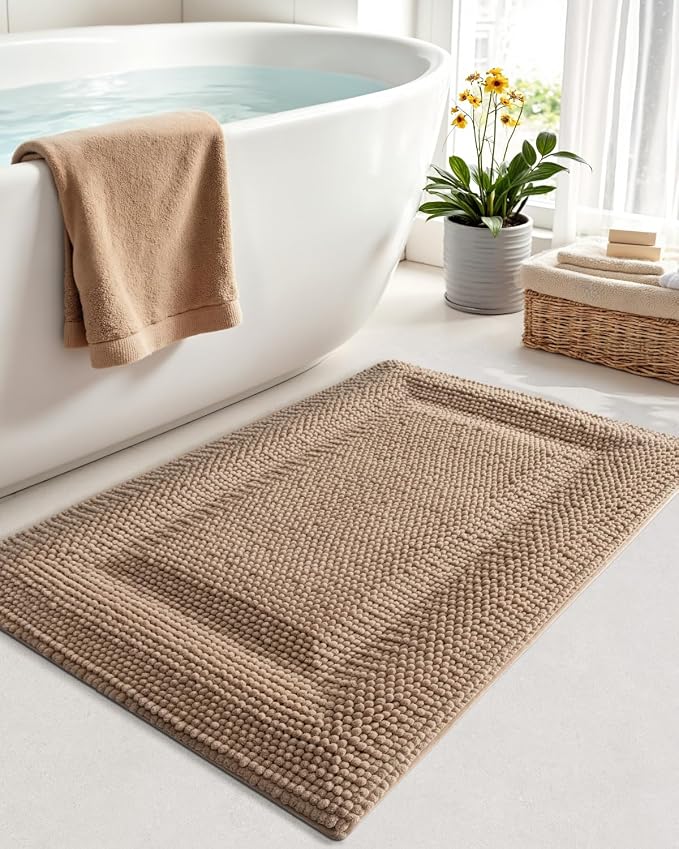 DEXI Bath Mats for Bathroom 36x24, Non Slip Washable Bathroom Rug, Thick Soft Chenille Absorbent Bathmat for Shower Floor, Fluffy Shaggy Carpet for Tub, Dark Beige