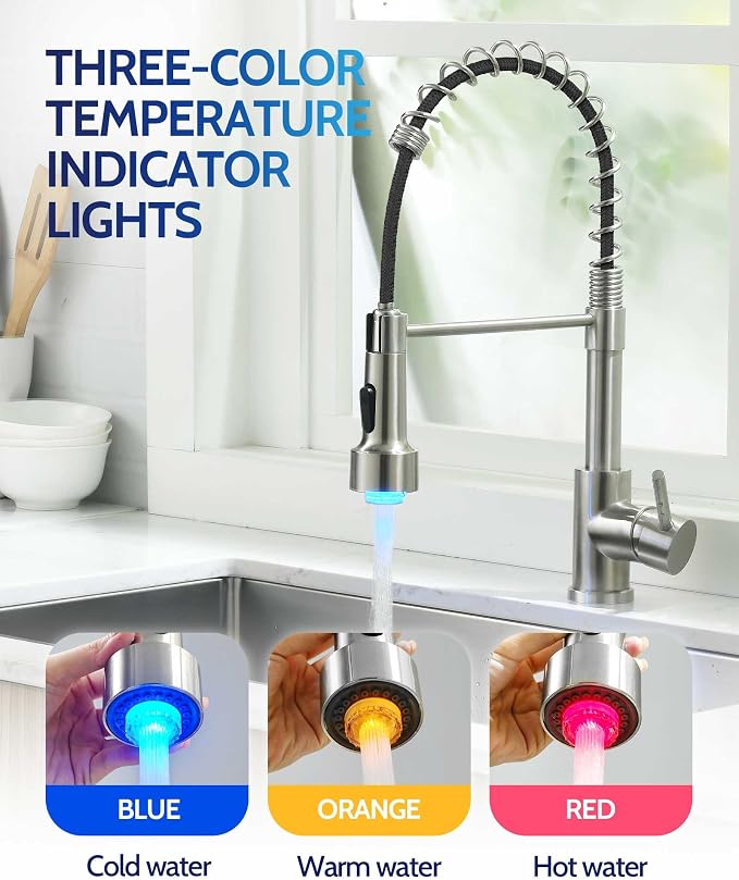 LUFEIDRA Kitchen Faucet with Sprayer LED Light, High Arc Spring 304 Stainless Steel Single Handle LED Faucets, Kitchen Sink Faucet for Bar Sink Rv, Brushed Nickel, Pot Filler Faucets