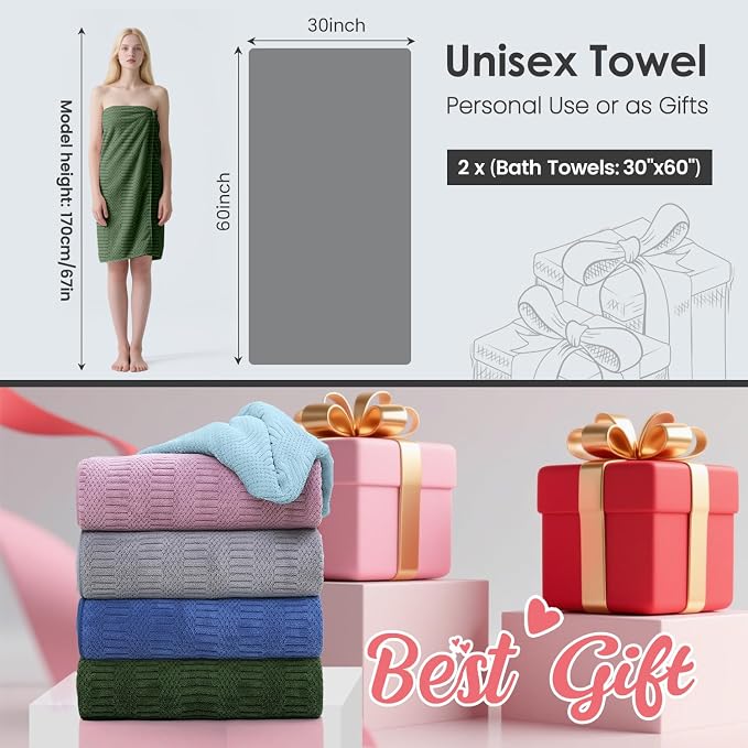 JML Microfiber Bath Towels, Olive-Green, 30" x 60", Pack of 2 | Hanging Hook, Lint Free, Oversized, Soft, Super Absorbent, Fast Drying, Use for Sport, Fitness, Yoga, Diamond Cross Grid