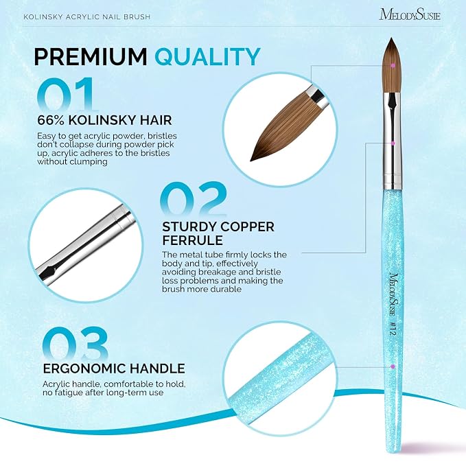 MelodySusie Kolinsky Acrylic Nail Brush,66% Kolinsky Hair Professional Nail Art Brush for Acrylic Application, Aurora Collection Fine Glitter Brush, Blue, Size 12