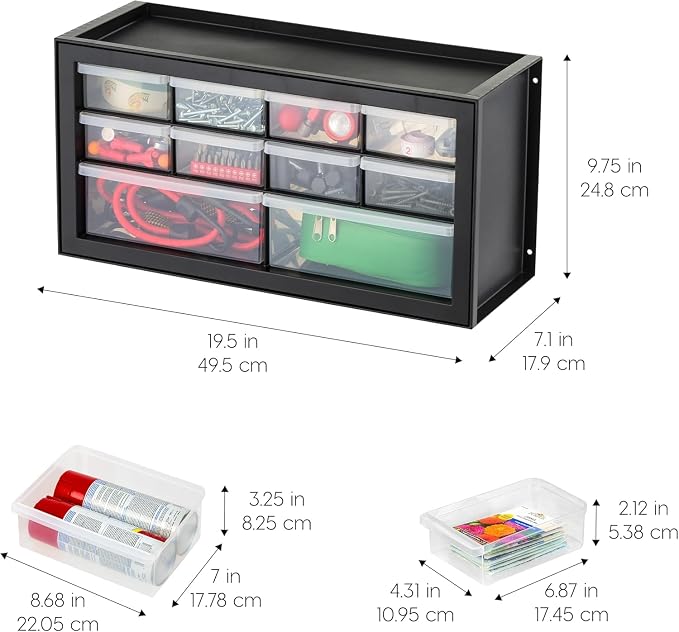 IRIS USA 10-Drawer Organizer (2 Pack), Made in USA, Teacher Toolbox, Plastic Storage Drawers, Stackable Organizer for Hardware, Small Parts, Craft, Bead, Screw, Nut and Bolt, Building Bricks, Black