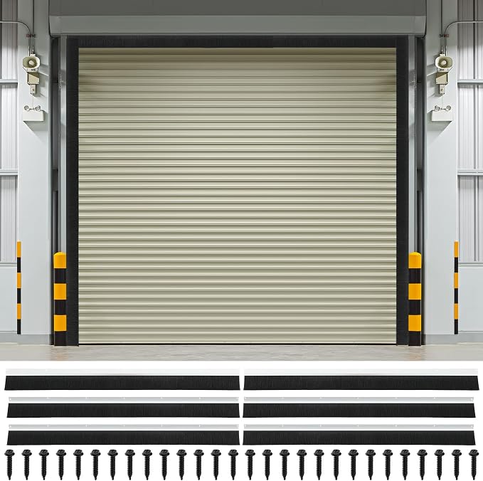 DoubleFill 8 x 8 ft Garage Door Brush Seal Kit, 2 Inch Roll up Door Seal with Aluminum Track, Heavy Duty Nylon Brush for Commercial Doors, Warehouse Barn, Energy Saving, Pest Proof, Black