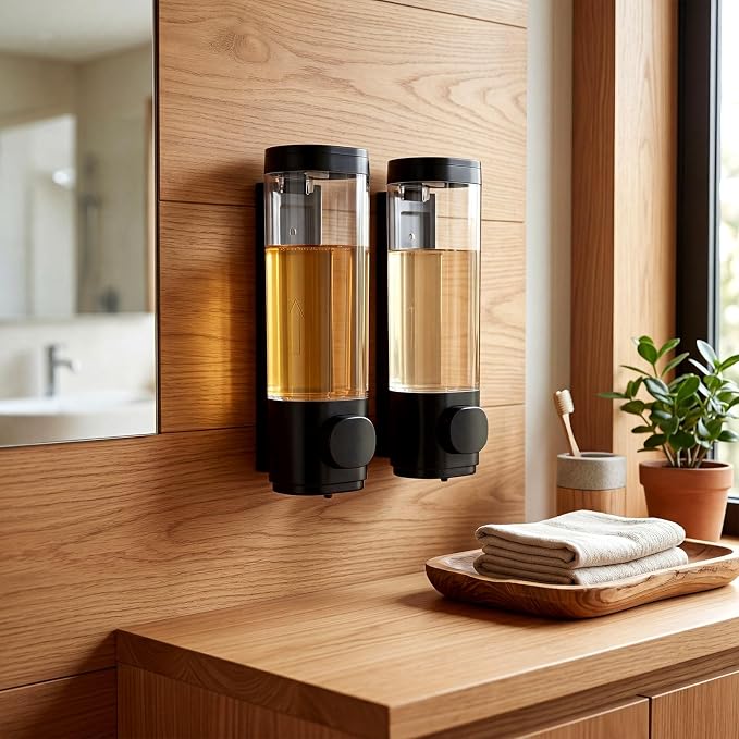 Junkin 4 Pcs Manual Bathroom Wall Mounted Soap Dispenser, 300ml Black Kitchen Bathroom Commercial Shower Clear Refillable Soap Dispenser Clear Plastic Refillable Liquid Lotion Pump and Organizer