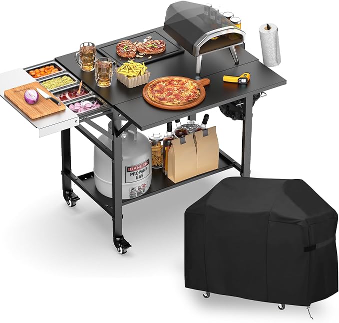 Pizza Oven Table with Cover, Folding Grill table Solid and Sturdy | Pizza Stand for Ooni Pizza Oven, Grill Cart Large Space with Wheel,Expansive Countertop Pizza Oven Accessories for Tailgating