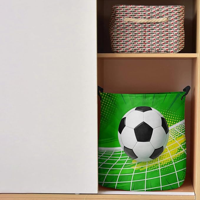 Collapsible Laundry Basket 60L, Green Football Storage Bin Laundry Hamper with Handles, Soccer Ball Goal Net Vibrant Waterproof Clothes Baskets for Bathroom/Bedroom 16.5 x 17 In