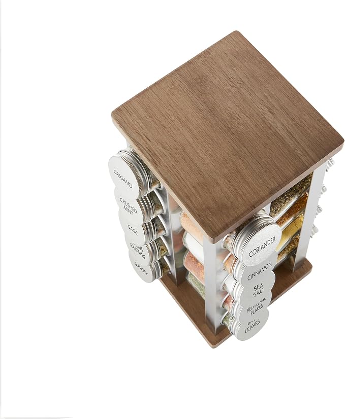 Kamenstein 20 Jar Vintage Revolving Countertop Spice Rack Organizer with Spices Included, FREE Spice Refills for 5 Years, Wood and Stainless Steel with Metal Caps