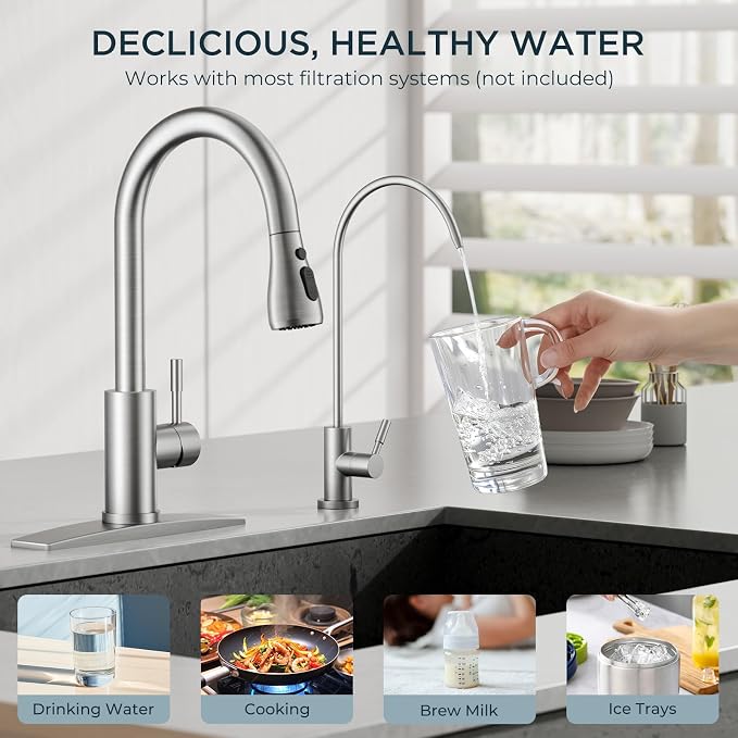 FORIOUS Kitchen Faucet and Water Filter Faucet Combo, Brushed Nickel Stainless Steel Bar Faucet Pull Down Sprayer and Drinking Purifier Faucet Set for Kitchen Sink RV Farmhouse Camper