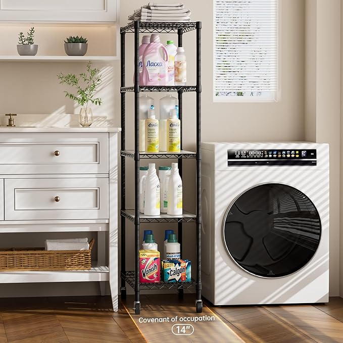 Golpart 5 Tier Shelves Storage Shelf Wire Closet Bathroom Organizers Metal Pantry Kitchen Garage Shelving Unit Laundry Room Organization Home Rack Net Basket Black with Wheels 14”D X 24”W X 61.2”H