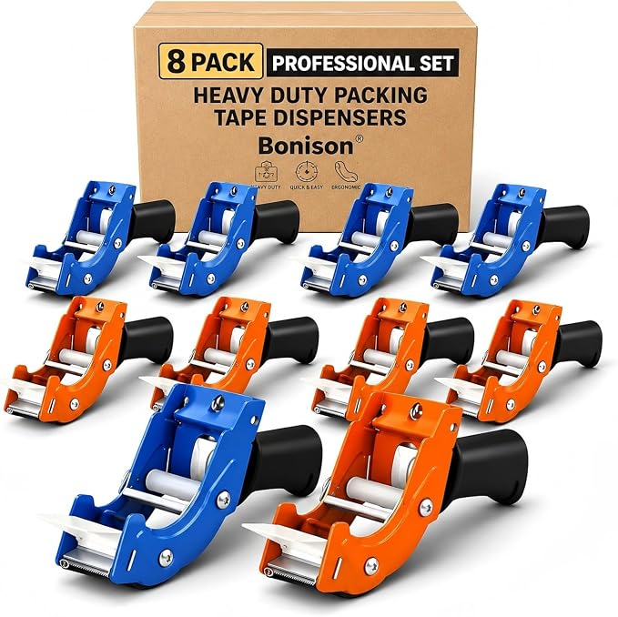8 Pack Professional 3-Inch Tape Gun Dispenser, Heavy-Duty Packing Tape Dispenser for Shipping Boxes, Quick Reload, Works with Standard & Thick Tape, Ergonomic Handle for Warehouse, Moving & Office