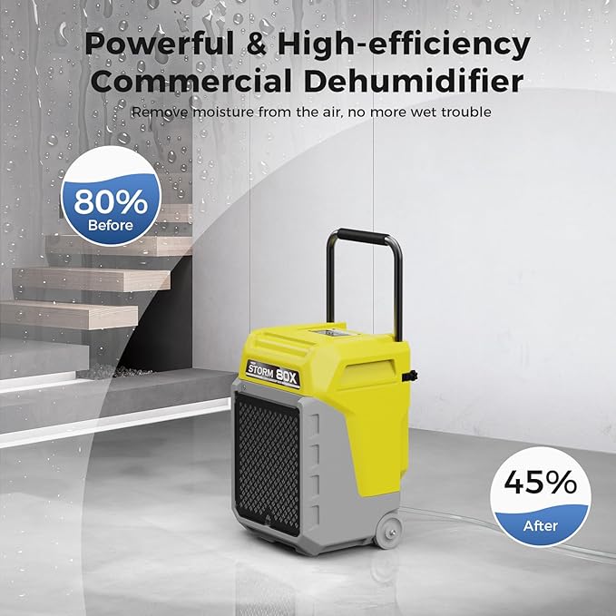 ALORAIR 170 PPD Commercial Dehumidifier with Pump & Drain Hose, LGR Industrial Use, Portable Dehumidifier with Wheels for Water Damage Restore, Carpet Drying, 6-Year Warranty, Storm 80X (Yellow)