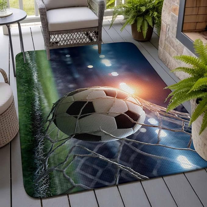 Football Washable Area Rugs for Living Room Bedroom, Large Non Slip Indoor Floor Carpet Absorbent Low Pile Goal Net Soccer Sports Orange Blue Green Door Mat Rugs for Bathroom Entryway 63"x78.7"
