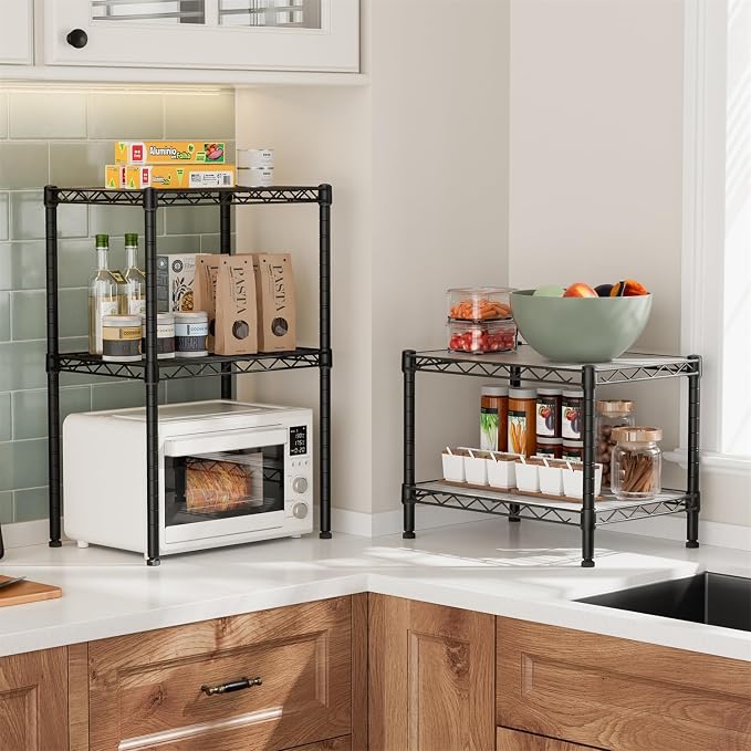 Golpart Small 2 Tier Shelves Storage Wire Shelving Unit Metal Shelf Adjustable Organizers Storage Shelving with Wheels for Bathroom Laundry Room Kitchen Pantry11.7”D x 17.7”W x 12.2”H Black