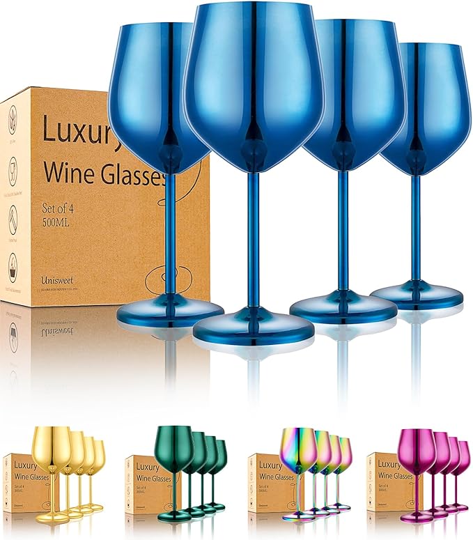 UNISWEET Unbreakable Stainless Steel Wine Glasses Set of 4, Blue | 17oz Unique Fancy Metal Wine Goblets, Shatterproof, Ideal for Outdoor, Camping, Travel, Pool, Great Gift for Wine Lovers