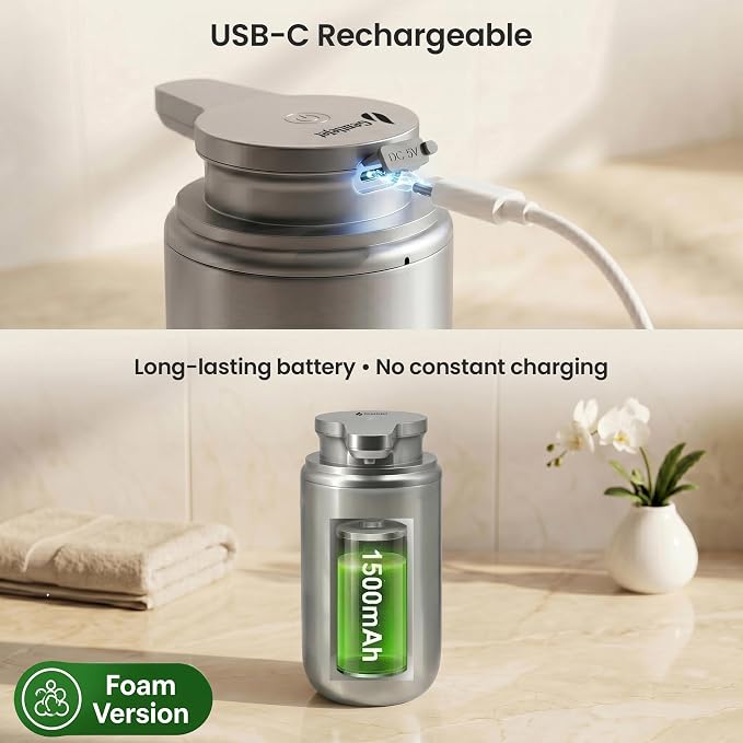 GentleJet WaveJet Automatic Foaming Soap Dispenser Touchless Sensor, USB-C Rechargeable, 304 Stainless Steel, IPX5 Waterproof for Bathroom Kitchen Sink, 12 oz / 350 ml