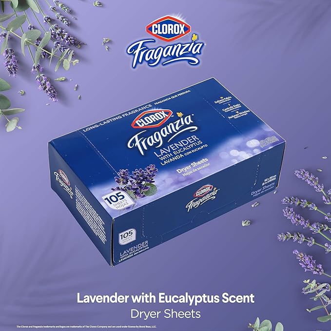 Clorox Fraganzia Fabric Softener Dryer Sheets, Lavender with Eucalyptus Scent, 210 Sheets Total in 105 Ct x 2 Pack, Wrinkle Reducing and Anti-Static Laundry Sheets for Soft Clothes