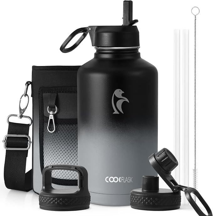 Half Gallon Insulated Water Bottle with Straw & 3 Lids, Coolflask 64 oz Water Jug Large Metal Stainless Steel Wide Mouth for Sports, Gym or Office, Non-BPA Keep Cold 48H Hot 24H, Piano Night