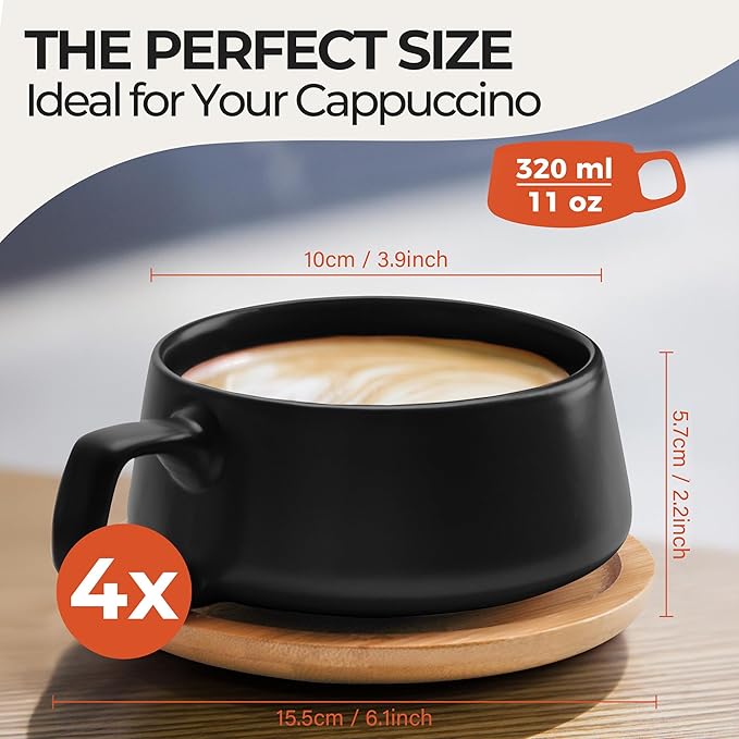 MIAMIO - Cappuccino Cup Set of 4, Ceramic (11oz), Wide - Luxe (Black) | Ceramic cappuccino cups and saucers, wide latte cups and mugs for Americano, 4-piece set of ceramic cups, dishwasher safe