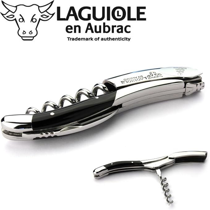 Laguiole En Aubrac Sommelier Waiter's Corkscrew, Buffalo Horn Handle, Wine Opener With Foil Cutter & Bottle Opener, Stainless Steel Shiny Bolsters