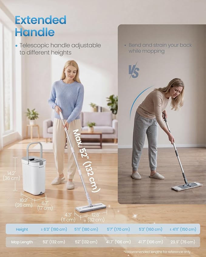 SONGMICS Mop and Bucket Set, Flat Mop with 3-Chamber Clean & Dirty Water Separation System, Wringer Bucket, 360° Rotating Head, 4 Microfiber Pads, White and Gray ULMB001WT04