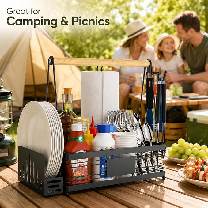 Portable BBQ Grill for Cuisinart CPG-700 Woodcreek XL 2021-2024, Multi Compartment Outdoor Grilling Organizer with Plate Rack, Paper Towel Holder & Tool Hooks for Camping,A