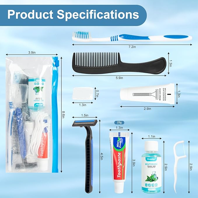 Travel Toothbrush Kit Bulk Disposable Toothbrush with Toothpaste Set with Mouthwash,Toothpaste,Shaver,Shaving Cream,Comb,Zip Bag,Floss Picks,Toothbrushes for Homeless Travel (100)