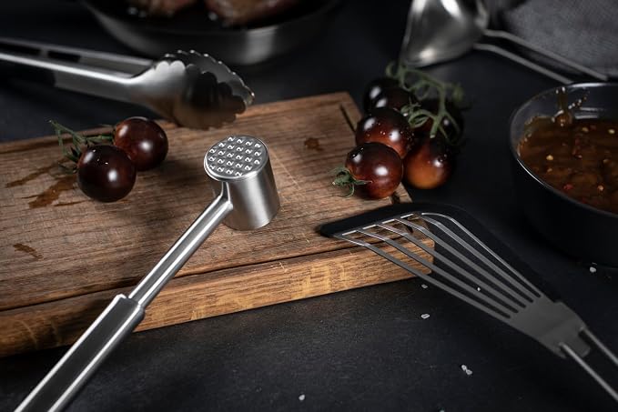 Kuhn Rikon Essential Meat Tenderizer – Dual-Sided Stainless Steel Head for Tenderizing & Flattening Meat – Comfortable Grip Handle