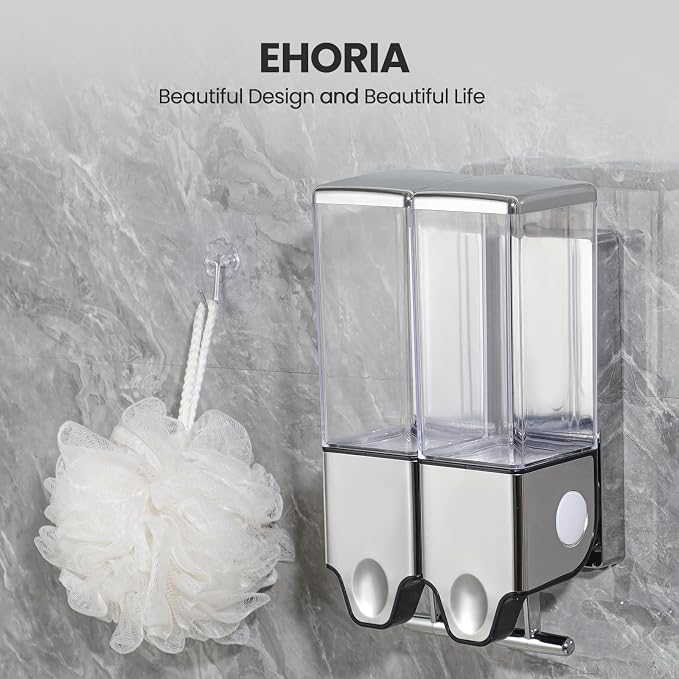 EHORIA Shampoo and Conditioner Dispenser,Shower Soap Dispenser | Shower Dispenser 2 Chamber No Drill,Wall Mounted Refillable Bottles,18.6oz 2-in-1,Shower Accessories for Bathroom,RV&Hotel