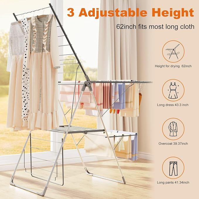 Bigzzia Clothes Drying Rack Foldable, 2-Level Large Laundry Drying Rack Collapsible, Stainless Steel Drying Rack Clothing for Indoor Outdoor, Easy to Fold, 33 Drying Rails, 56.1" L × 22.7" W, Gray