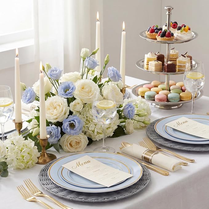 WDF Partyware 175PCS Blue Plates Disposable - Baby Blue Plastic Plates - 25Guests Plastic Dinnerware with Rolled Napkins for Wedding/Birthday/Baby Shower