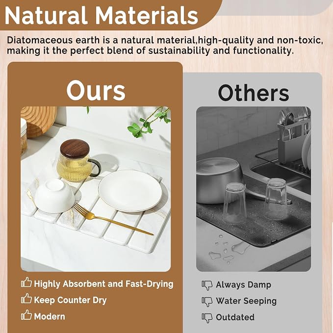 Small Stone Dish Drying Mat for Kitchen Counter, 15.7"×12" & 8"x4" Quick Dry Stone Mats, Foldable Water Absorbing Diatomaceous Earth Drying Dish Pad for Countertop Bottles Utensils Cup(Gold White)