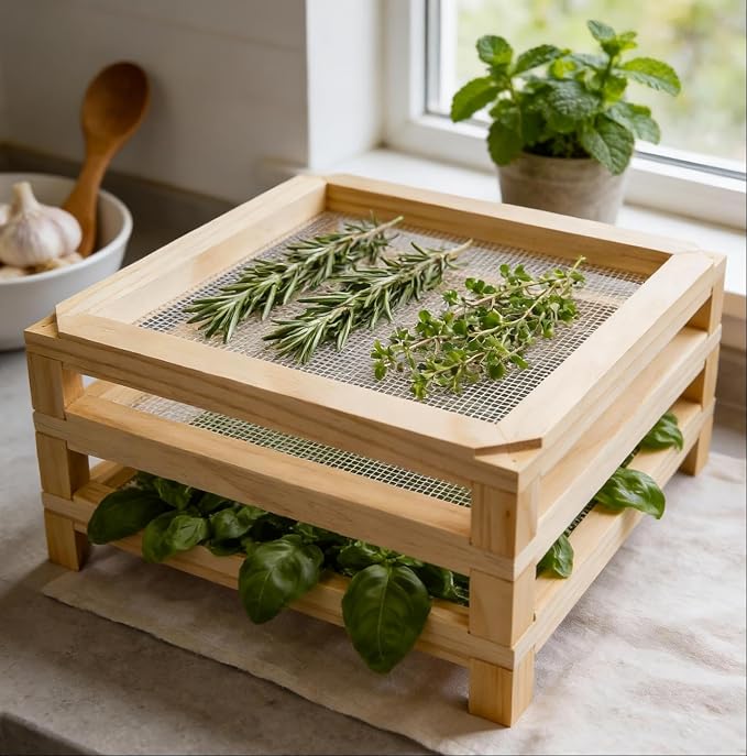 11.8in Square Wooden Herb Drying Rack, Stackable Mesh Countertop Dryer | No-Drill Mesh Rack Dried Herbs,Flowers, Pasta & Veggies.Compact Apartment Kitchen Essential, Practical Gift For Home Cooks