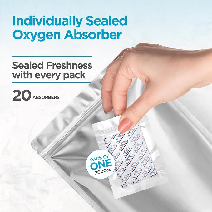 BELLE KR® 20 Pcs 5 Gallon Mylar Bags With Oxygen Absorbers 2000cc - 11 Mil Thick - With Sticker Labels and Closure Clip - Smell Proof, Zipper Closure Heat Resealable Large Mylar Bags For Food Storage