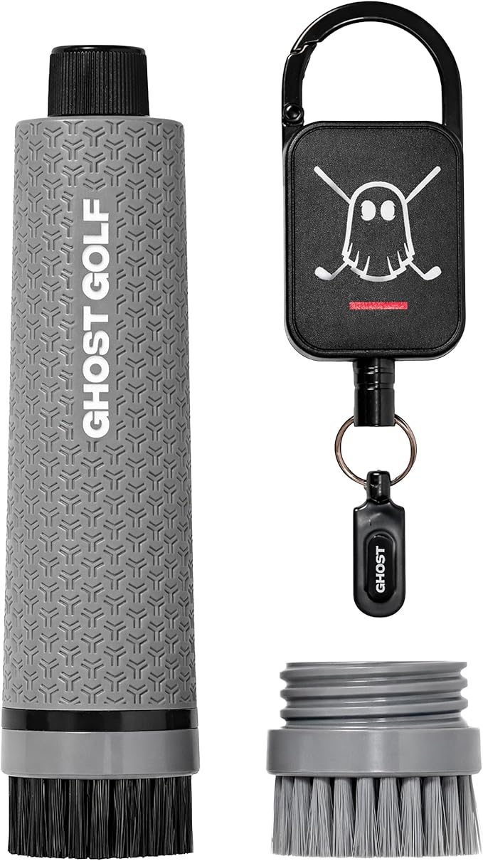 Ghost Golf Magnetic Golf Club Brush with Water Reservoir & Shoe Brush - Dual Head Groove Cleaner, Nylon Bristle, Retractable Carabiner Clip - Golf Cleaning Tool for Irons, Wedges & Golf Shoe Cleats